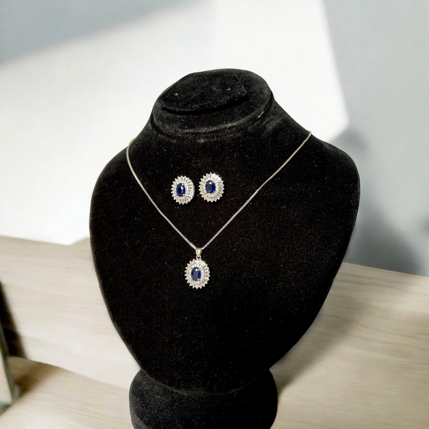 Navy Blue with Fine White Stones - Necklace & Earrings Set Premium