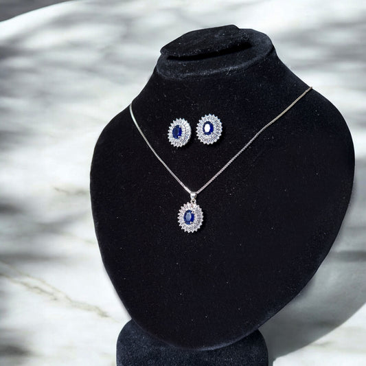 Navy Blue with Fine White Stones - Necklace & Earrings Set Premium