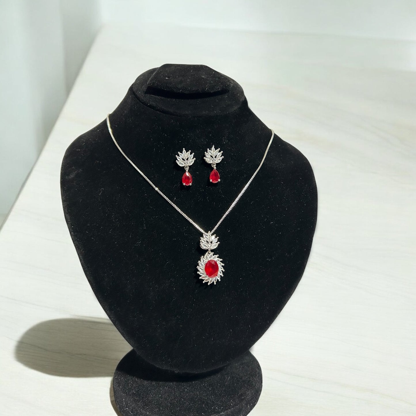 Red Gemstone & White Stones - Sparkling Silver Necklace and Earrings Set