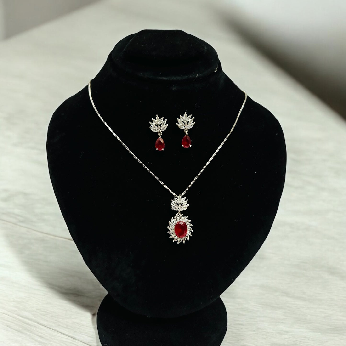 Red Gemstone & White Stones - Sparkling Silver Necklace and Earrings Set