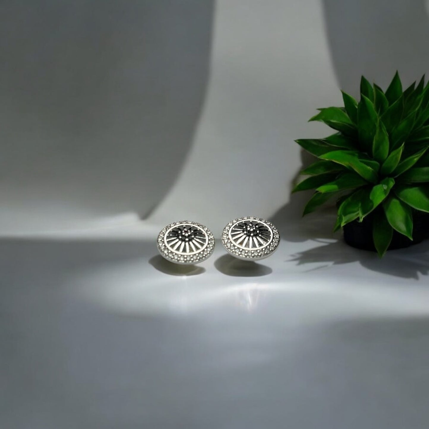 Black & White Stone - Silver Wheel Stud Earrings