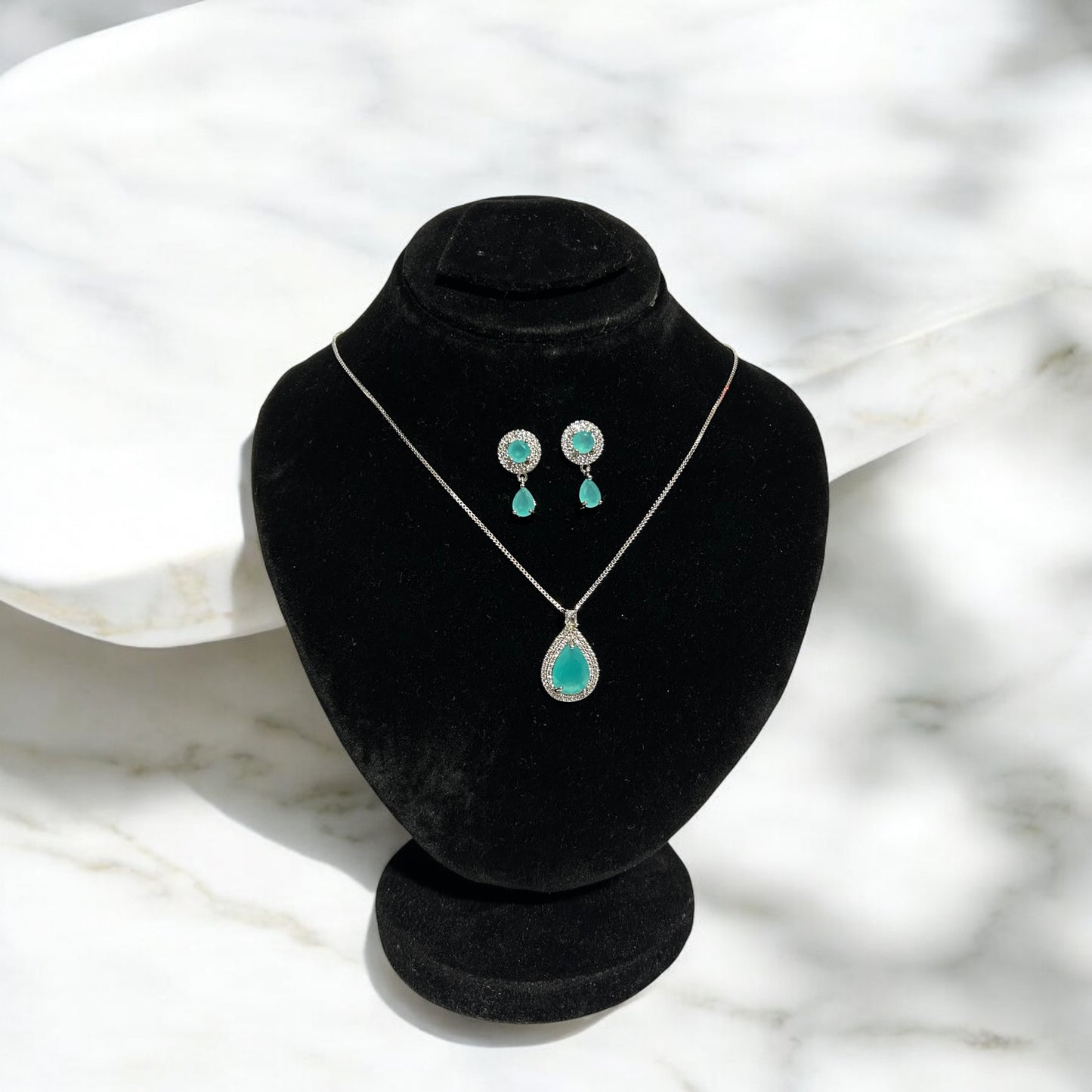 Aqua Teardrop with Fine White Stones Jewellery Set – Necklace & Earrings