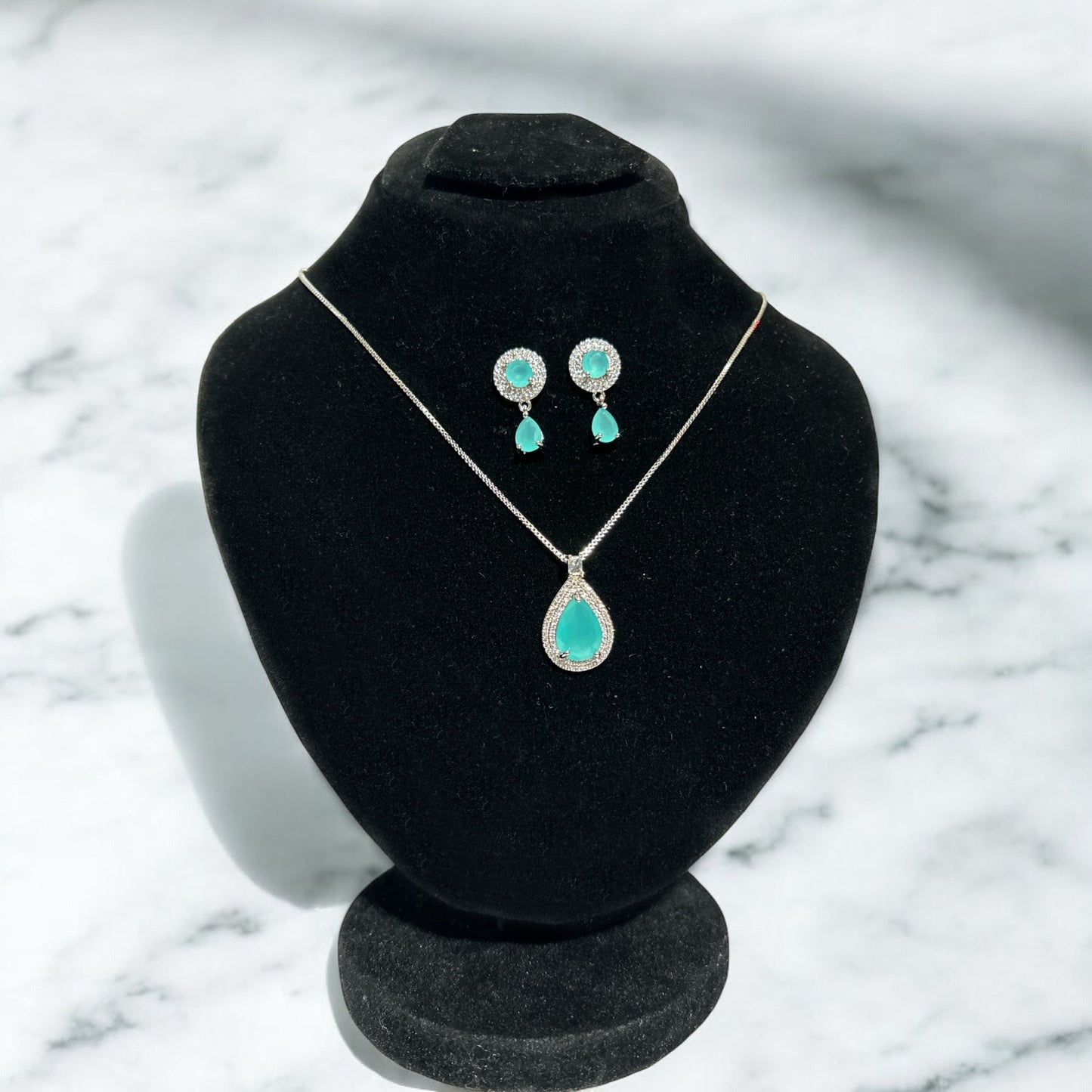 Aqua Teardrop with Fine White Stones Jewellery Set – Necklace & Earrings